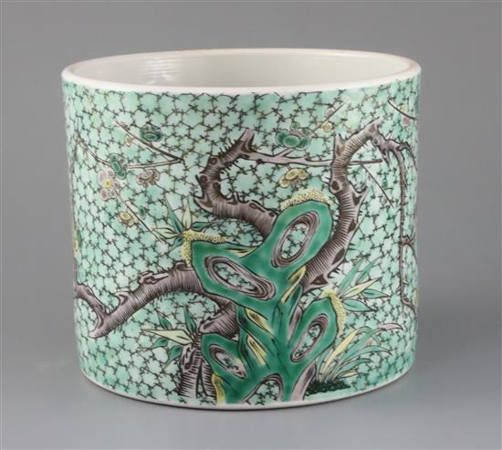 A Chinese famille verte brush pot, Kangxi mark but late 19th century, H.15.5cm, Diam.18cm